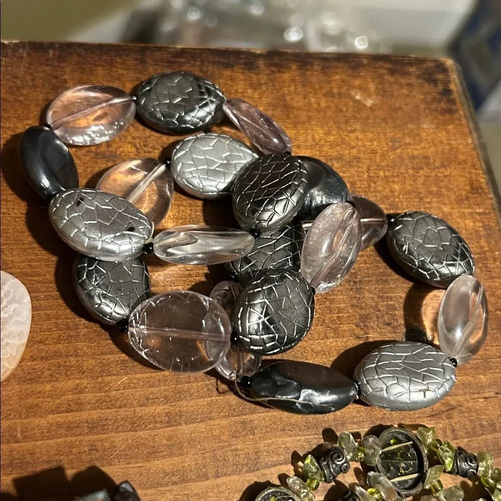 4pc Beaded Bracelet Stack Black Gray Brown Devotional Saint Whimsigoth